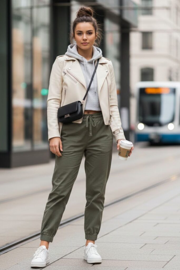 13. Cream Leather Jacket Outfit with Joggers