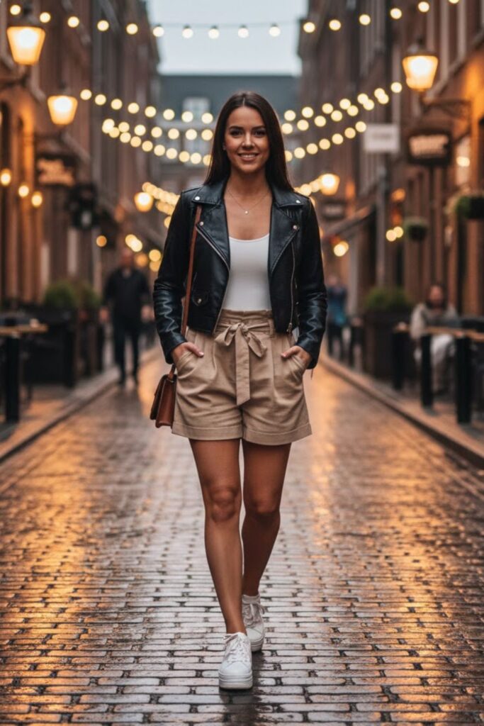13. Cropped Leather Jacket with Paperbag Waist Shorts