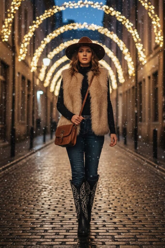 13. Faux Fur Vest, Long Sleeve Top, and Bootcut Jeans