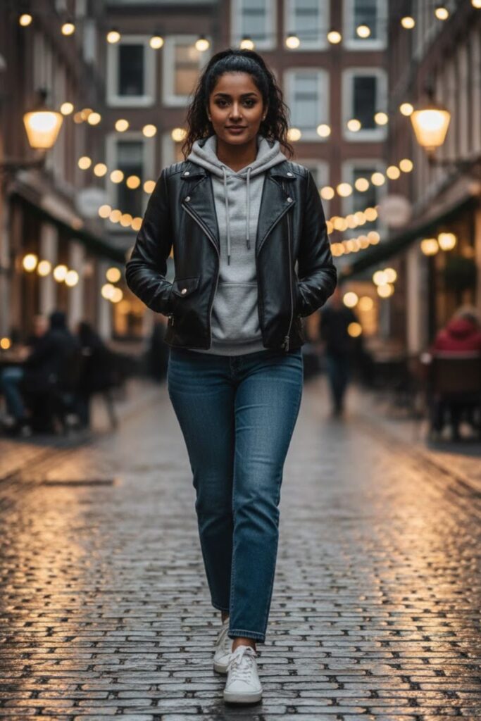 13. Faux Leather Jacket with Hoodie and Straight-Leg Jeans