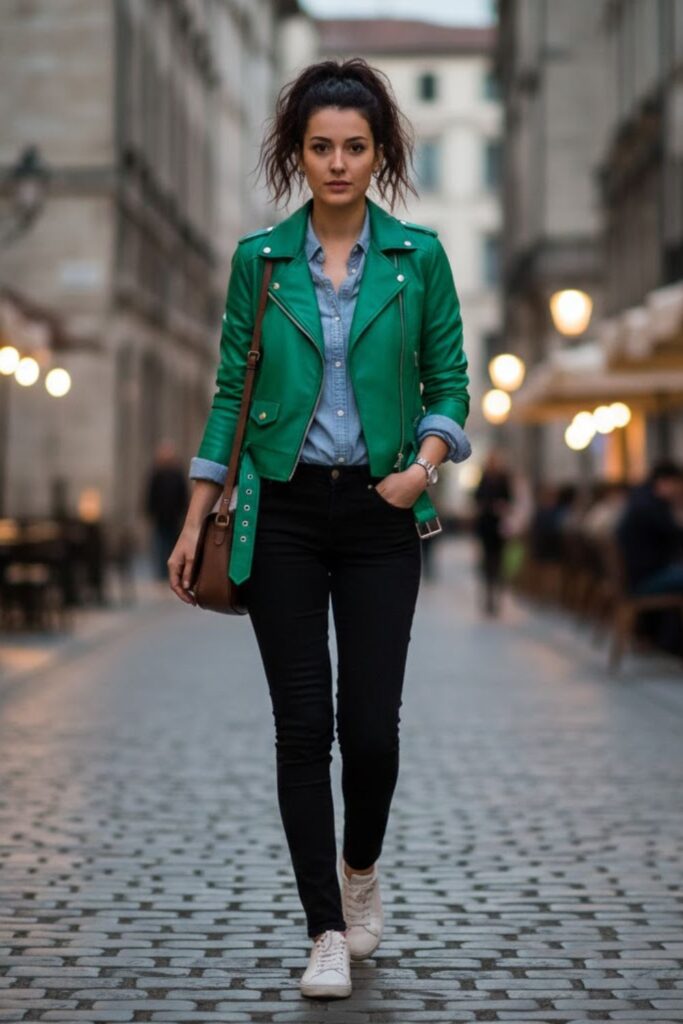 13. Green Leather Jacket with Chambray Shirt and Black Jeans