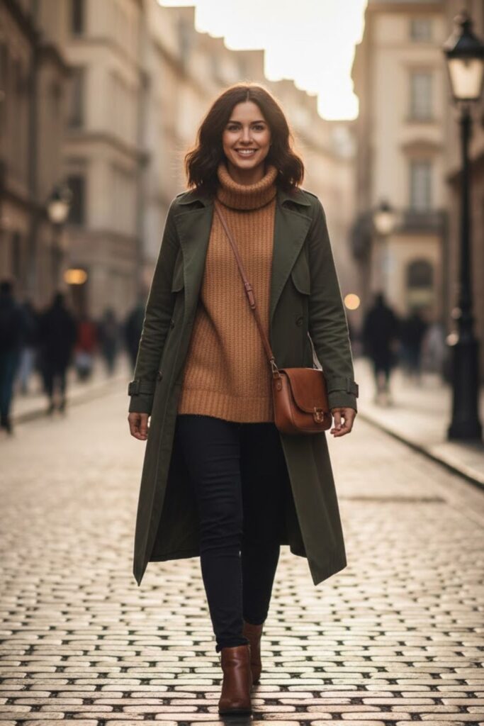13. Green Trench Coat With Brown Boots and Tan Knit Layers