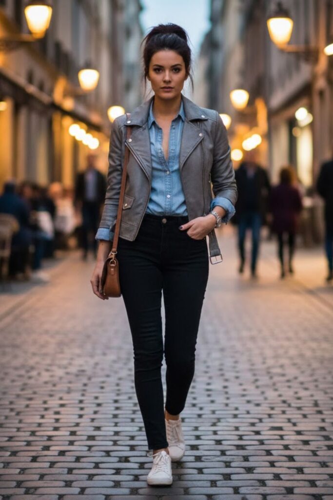 13. Grey Leather Jacket with Chambray Shirt and Black Jeans