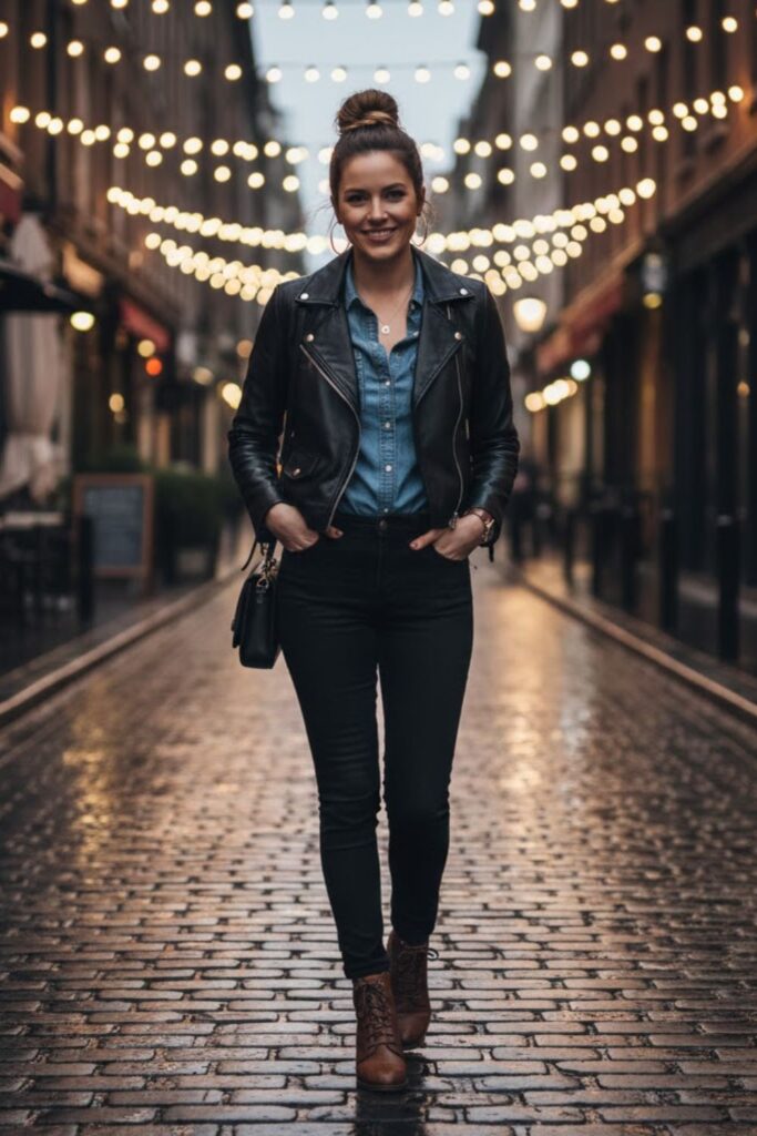 13. Leather Jacket with Denim Shirt and Black Jeans