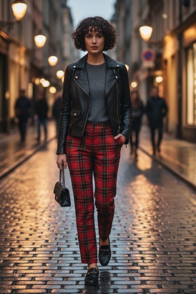 13. Leather Jacket with Plaid Trousers