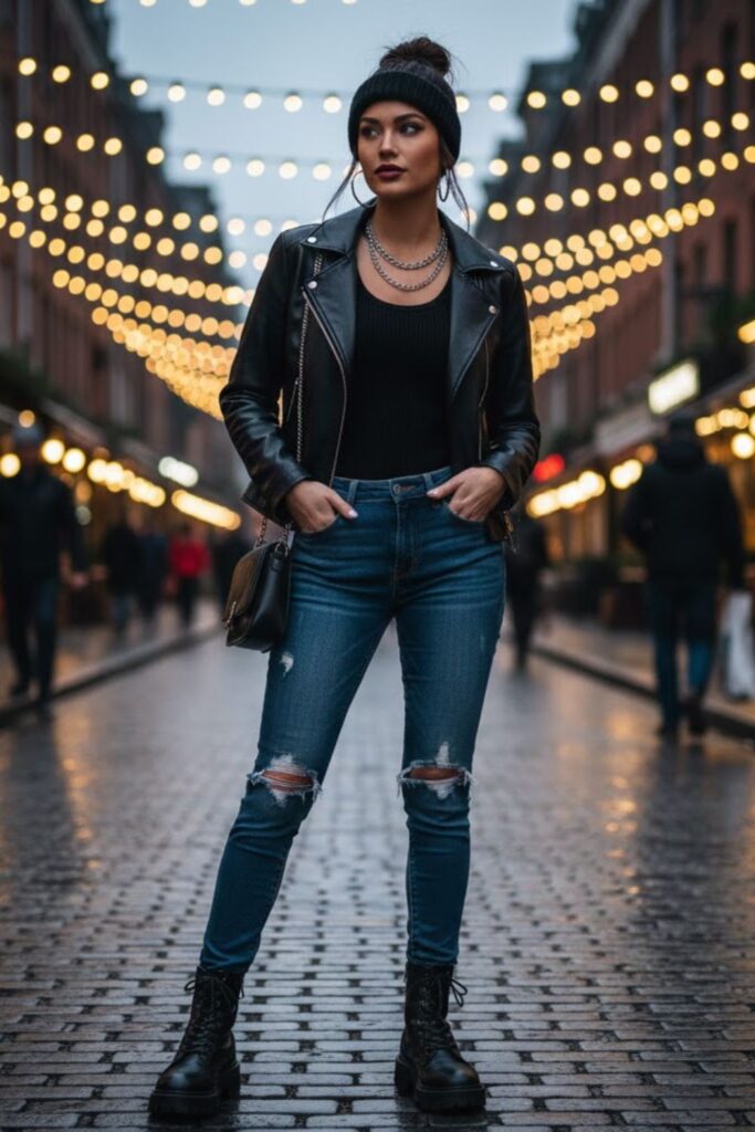 13. Leather Jacket with Ripped Jeans and Tank Top