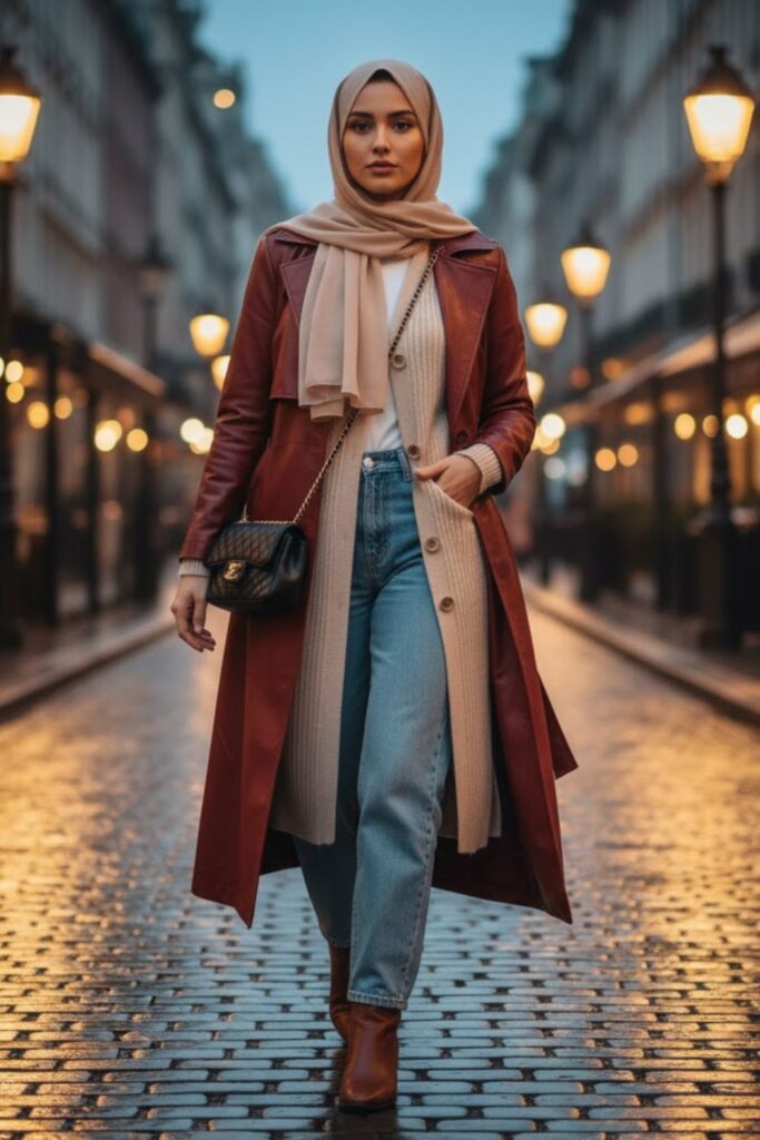13. Leather Jacket with a Long Cardigan Layered Underneath