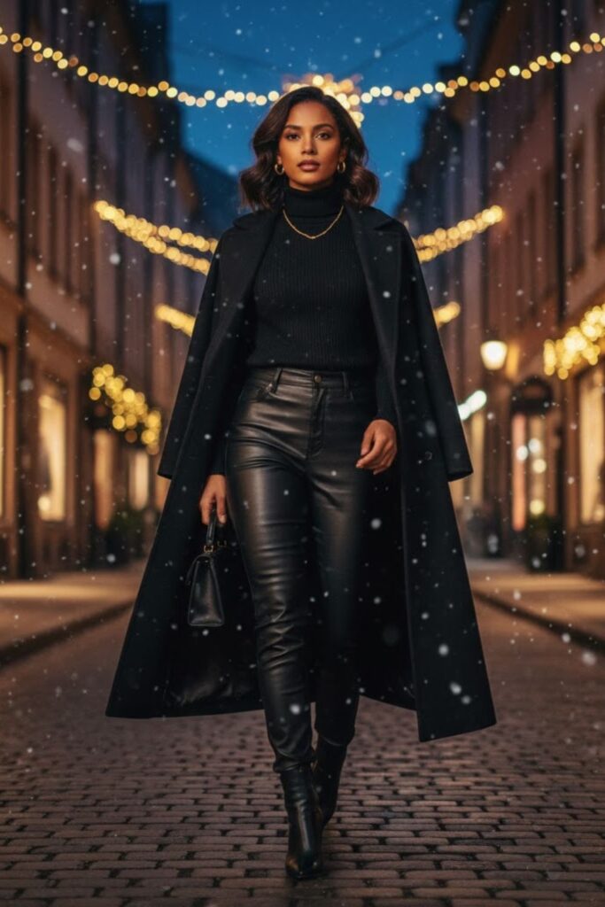 13. Leather Pants Outfit Going Out Winter with Monochrome Styling
