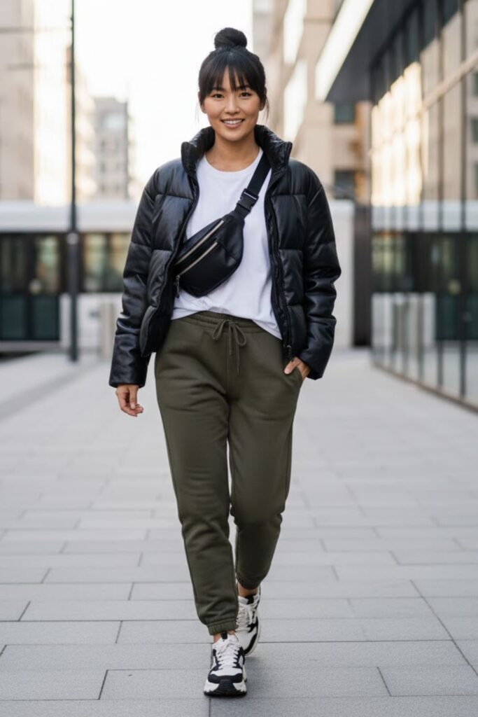 13. Leather Puffer Jacket Outfit with Joggers