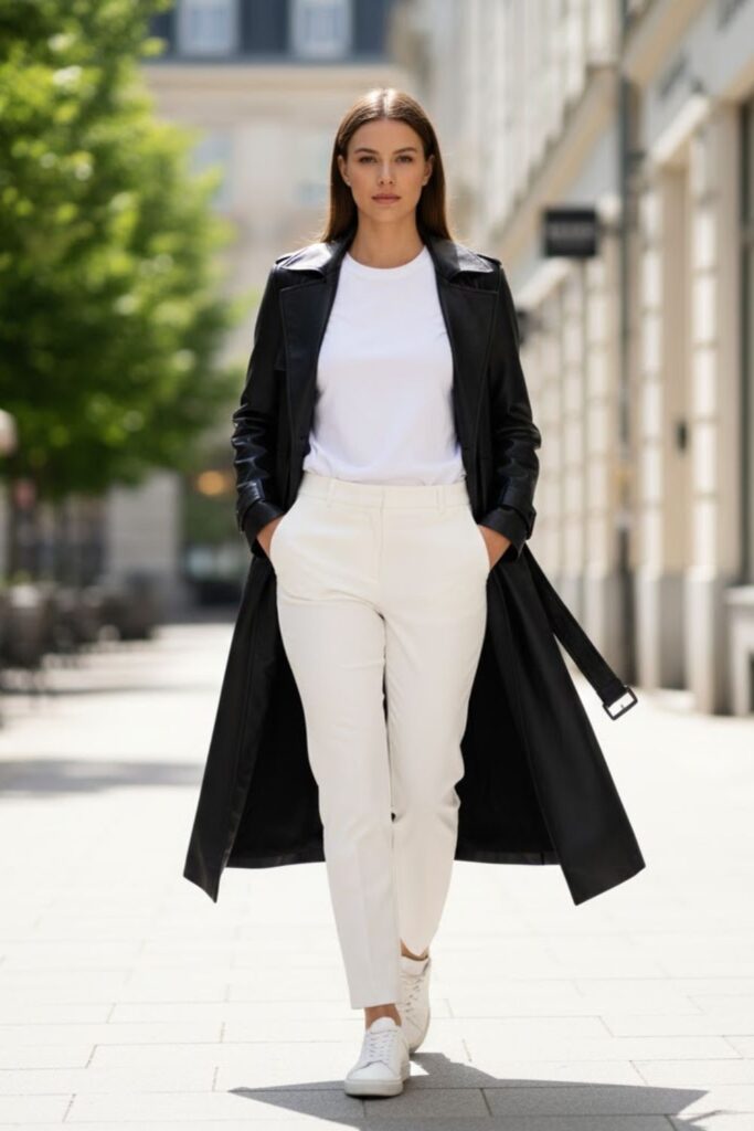 13. Long Leather Jacket over an All-White Outfit