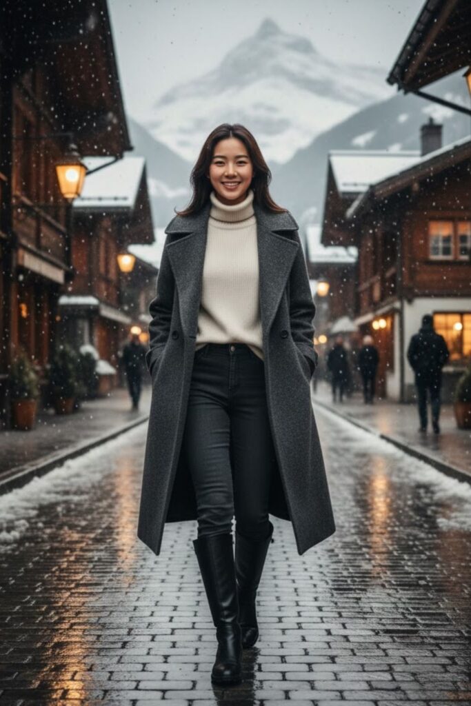 13. Long Wool Coat with Skinny Pants