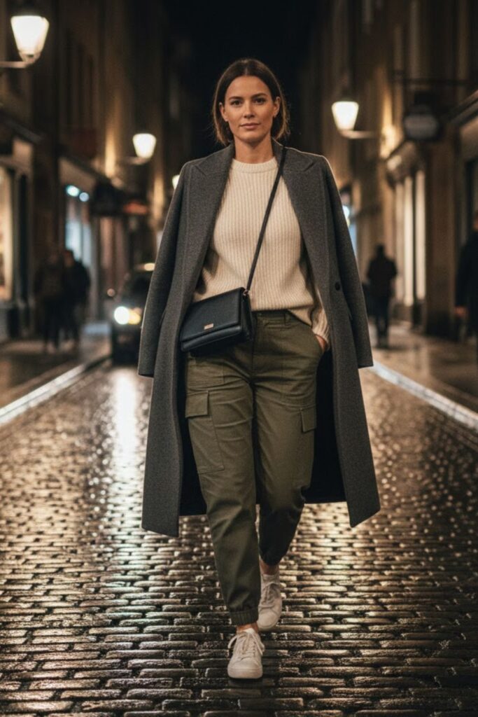 13. Long coat outfit casual with plain sweater and cargo pants