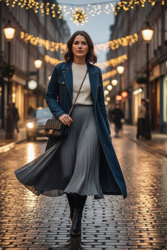 13. Long denim coat outfit with pleated skirt and neutral top