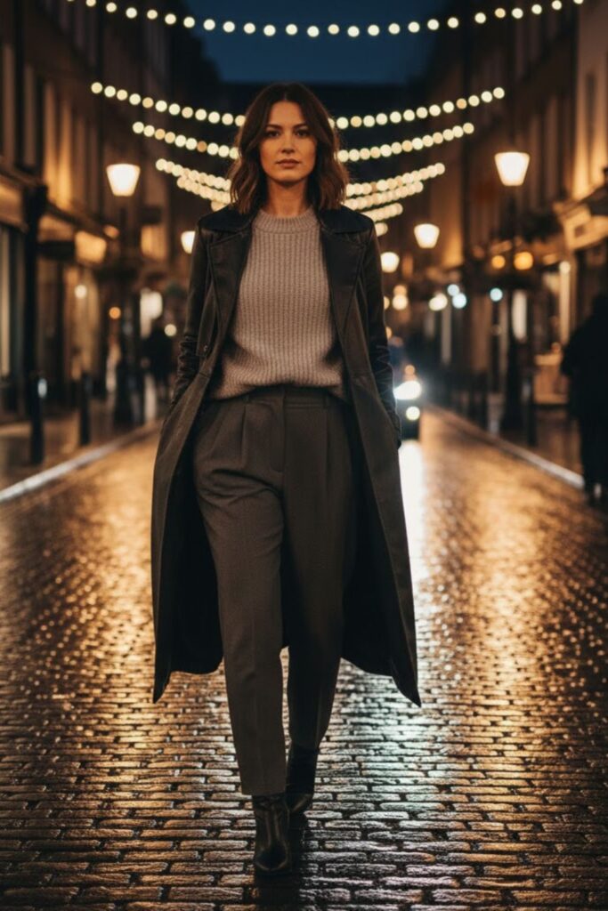 13. Long leather coat outfit with pleated trousers and sweater
