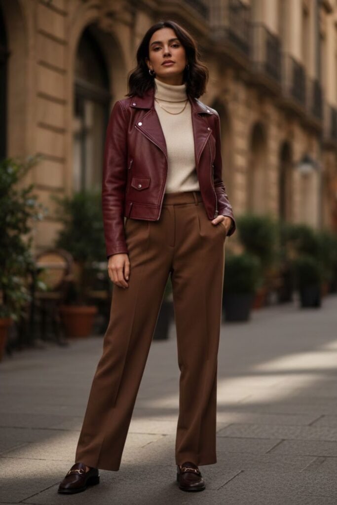13. Maroon Leather Jacket with Brown Trousers