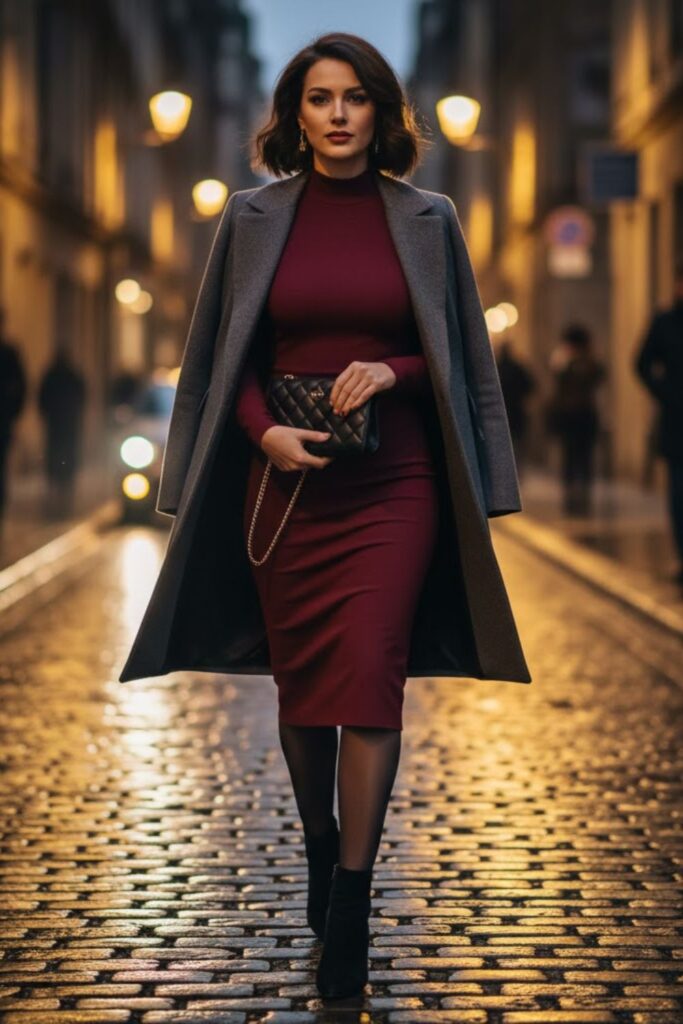 13. Mock Neck Dress With Structured Coat