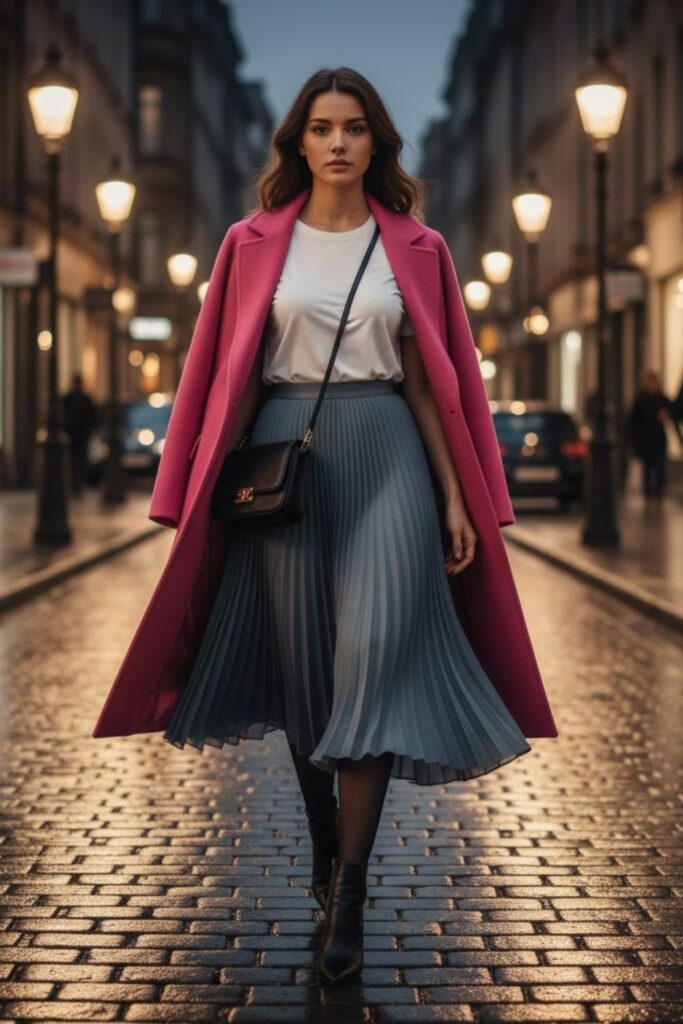 13. Pink long coat outfit with pleated skirt and fitted tee