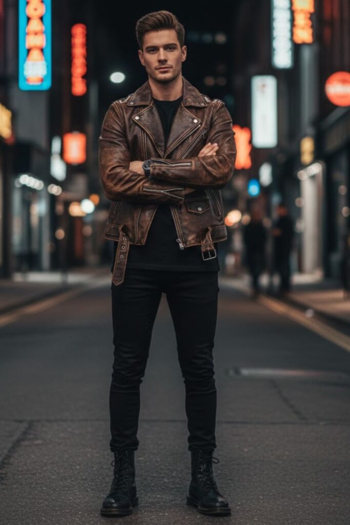 13. Vintage Leather Jacket with All-Black Base Layers