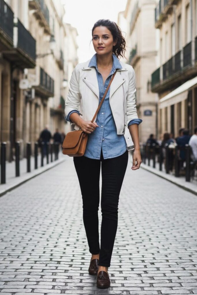 13. White Leather Jacket with Chambray Shirt and Black Jeans