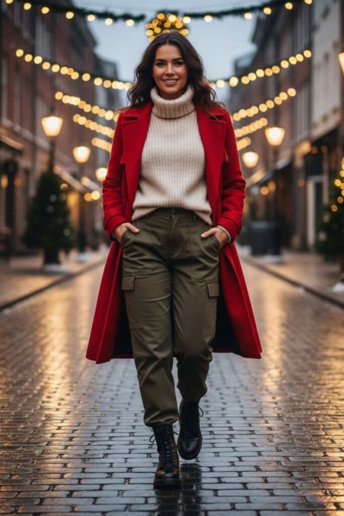 13. Winter Trench Coat with a Sweater and Cargo Pants
