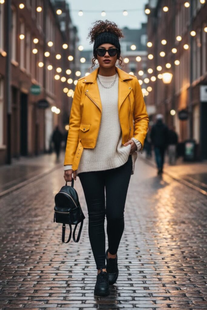 13. Yellow Leather Jacket with Oversized Sweater and Leggings