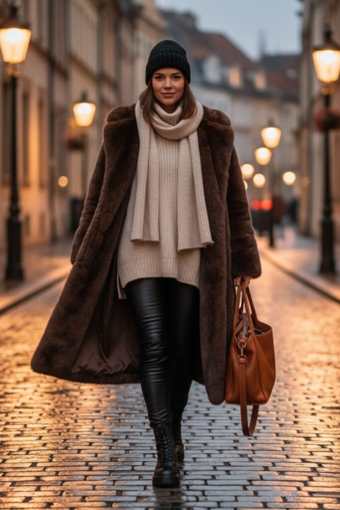 13. long fur coat outfit with oversized sweater and leggings