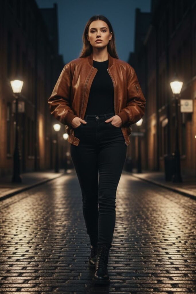 14. 90s Leather Jacket Outfit with All-Black Base
