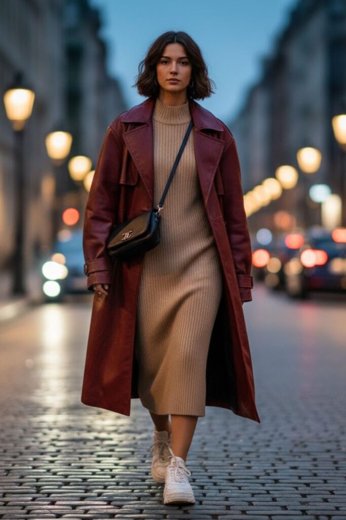 14. Baggy Leather Jacket with Sweater Dress and Sneakers