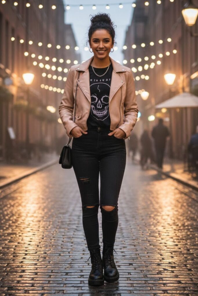 14. Beige Leather Jacket with a Graphic Tee