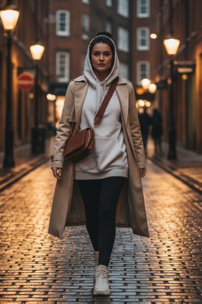 14. Beige Trench Coat With Hoodie and Winter Sneakers