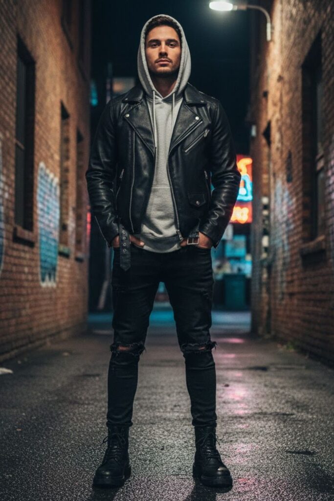 14. Black Leather Jacket Outfit Men with Hoodie and Ripped Jeans