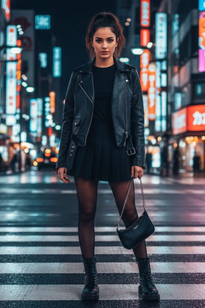 14. Black Leather Jacket with a Mini Skirt