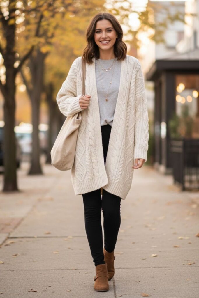 14. Black Leggings with Flat Ankle Boots and Cardigan