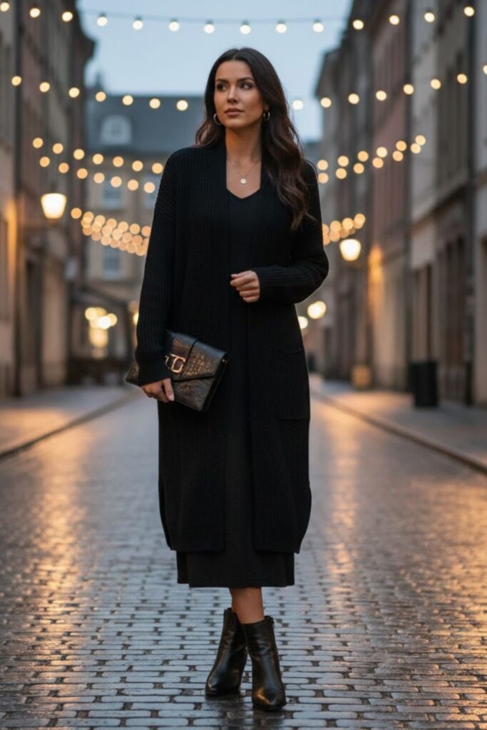 14. Black Longline Cardigan with Black Dress