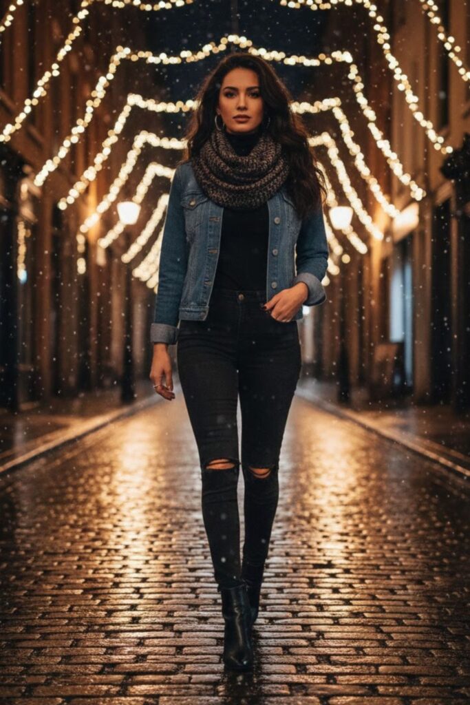 14. Black Ripped Jeans with Turtleneck and Denim Jacket
