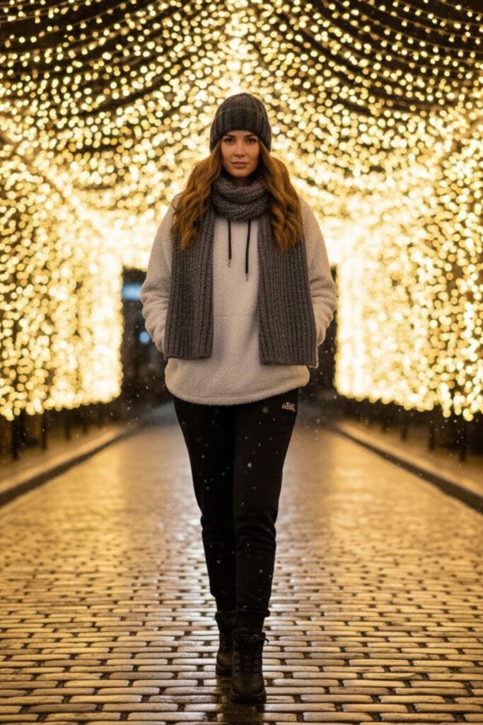 14. Black Sweatpants with Hoodie, Scarf, and Beanie
