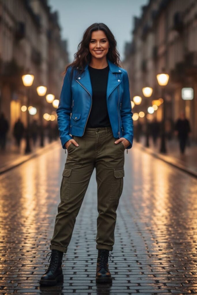 14. Blue Leather Jacket Outfit with Cargo Pants