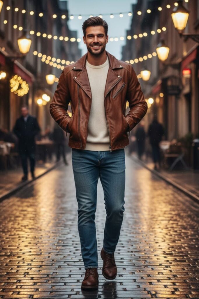 14. Brown Leather Jacket with Layered Basics