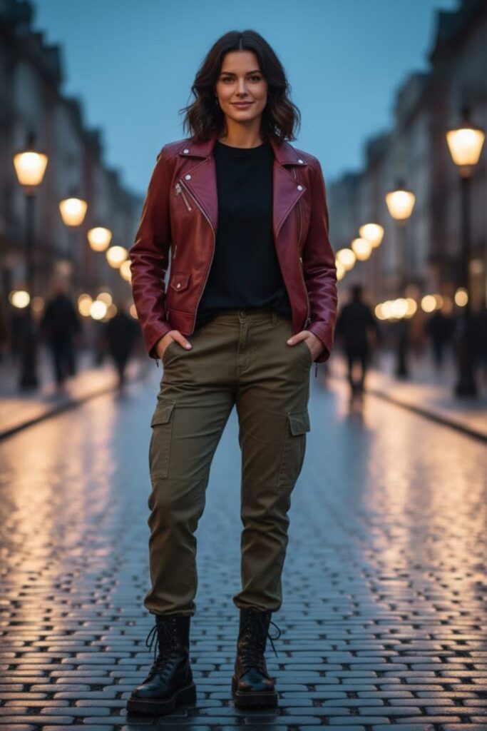 14. Burgundy Leather Jacket Outfit with Cargo Pants