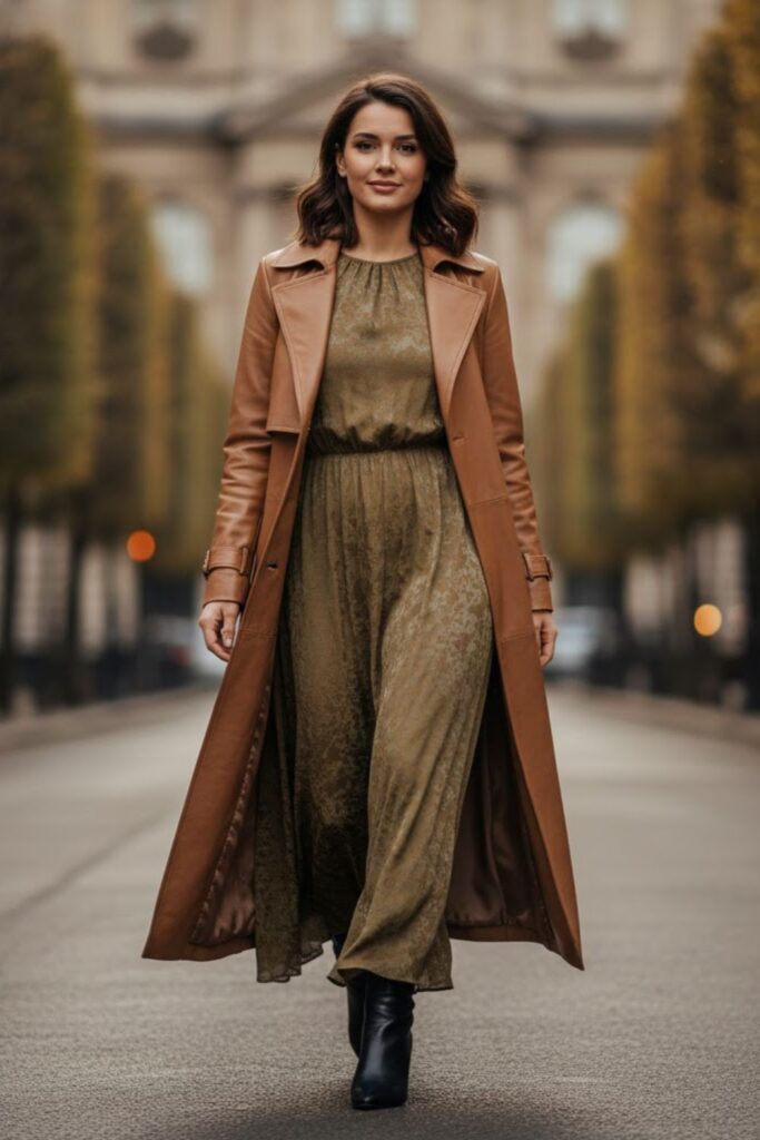 14. Camel Leather Jacket Outfit with a Maxi Dress