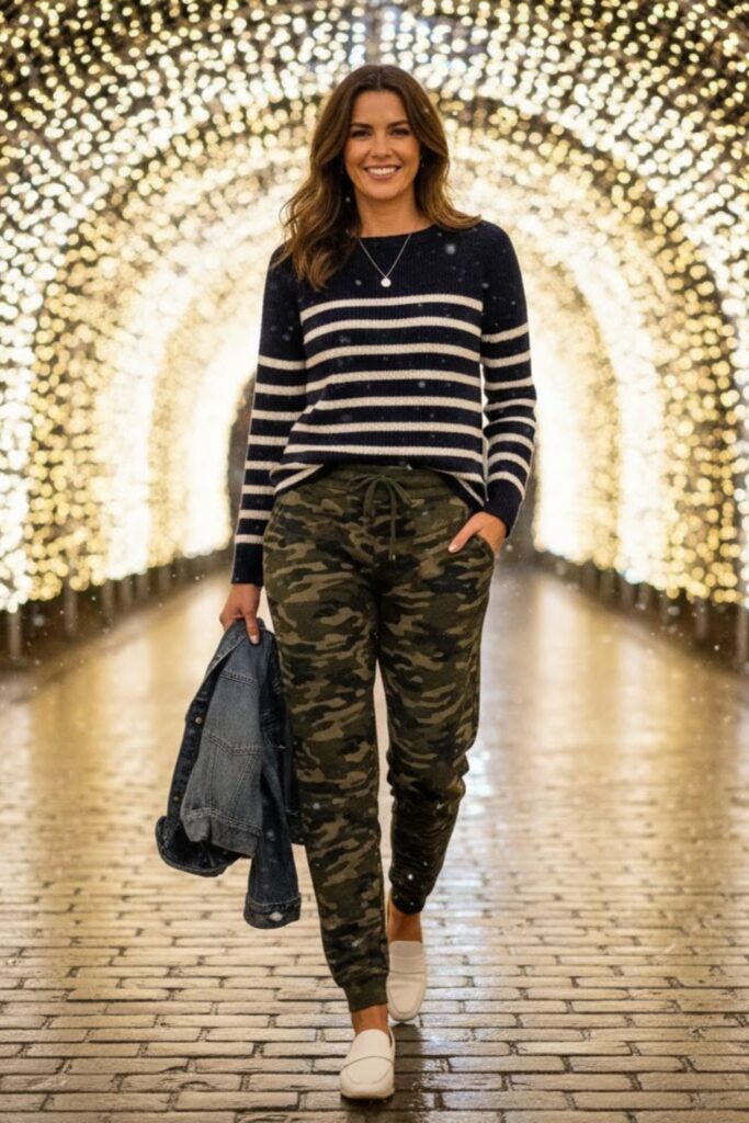 14. Camo Sweatpants with Striped Knit Top