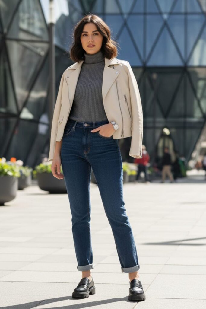 14. Cream Leather Jacket Outfit with Ribbed Knit Top