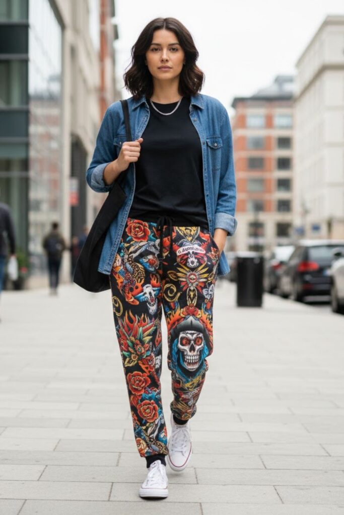 14. Ed Hardy Sweatpants with Denim Shirt