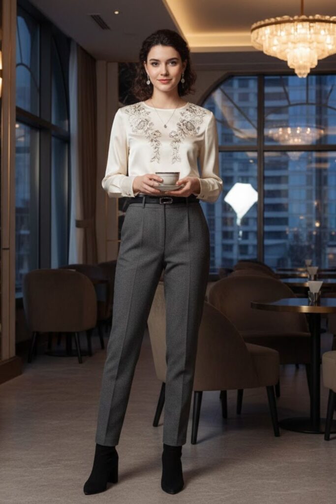 14. Embroidered Blouse With Tailored Pants