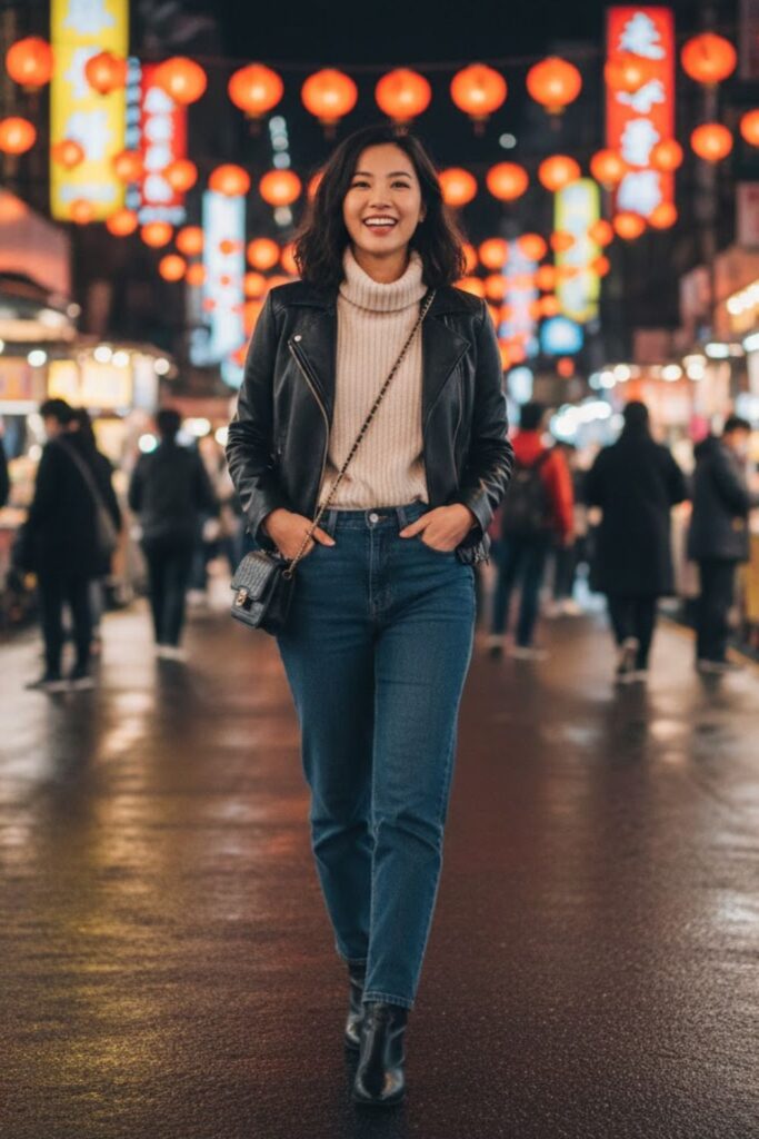 14. Faux Leather Jacket with High-Waist Jeans