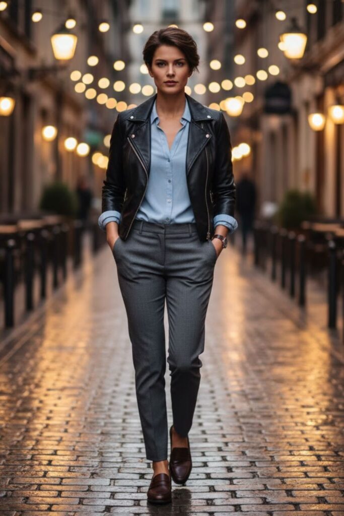 14. Faux Leather Jacket with Simple Blouse and Tailored Pants