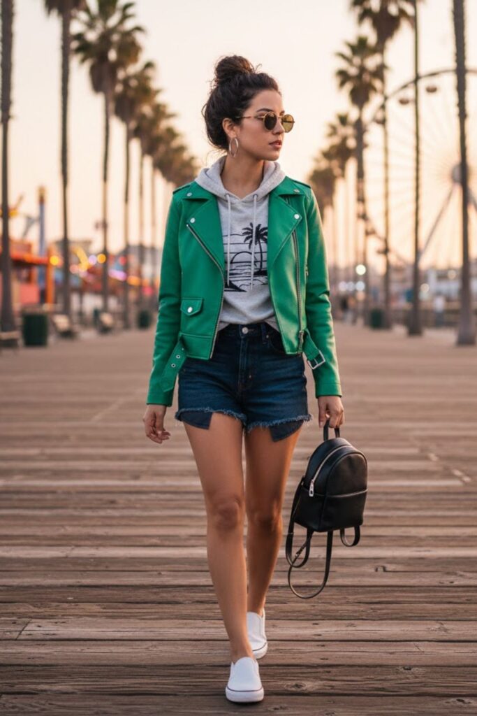 14. Green Leather Jacket with Graphic Hoodie and Shorts