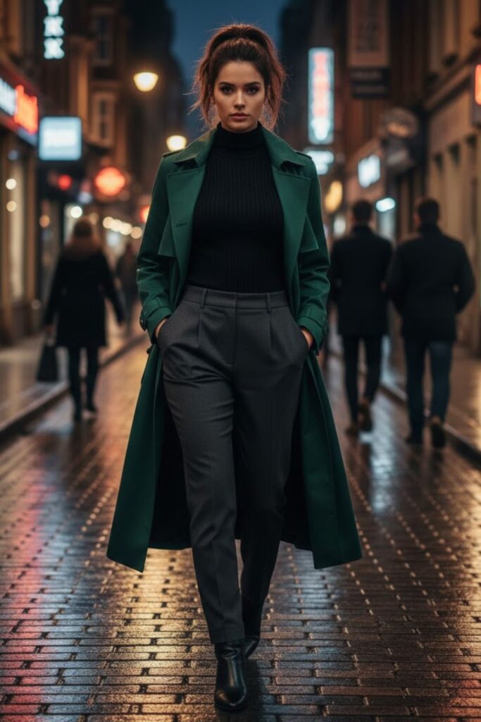 14. Green Trench Coat Over a Fitted Ribbed Top and High-Waisted Pants