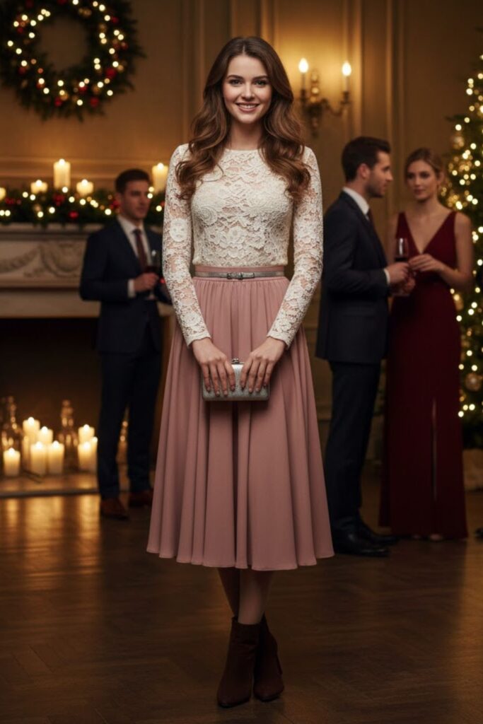 14. Lace Top With High-Waisted Skirt And Boots