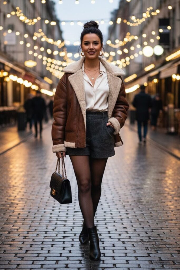14. Leather Jacket with Blouse and Tailored Shorts